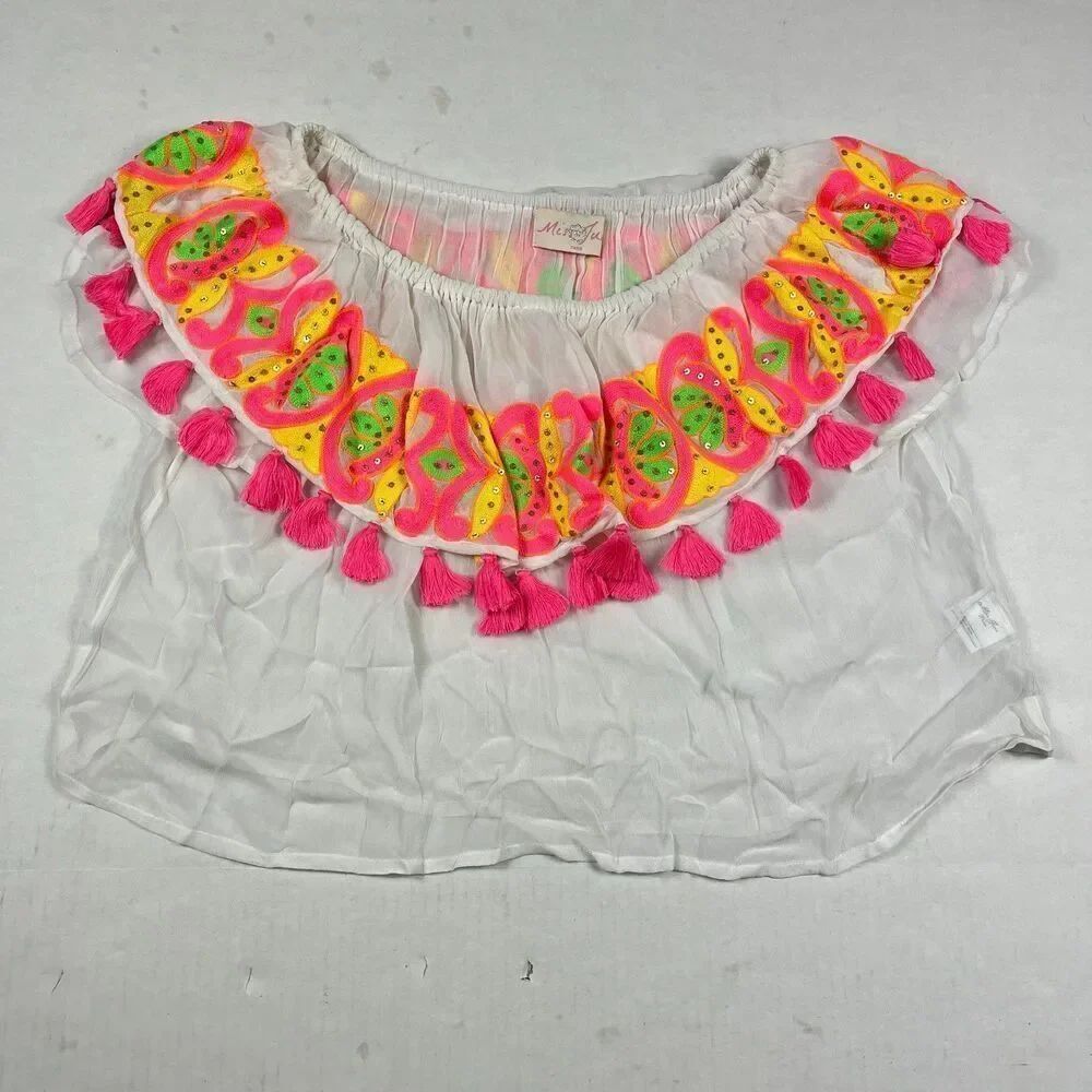 Miss June Paris White Boho Tassel Crop Top S/M Embroidered Festival Resort Shirt